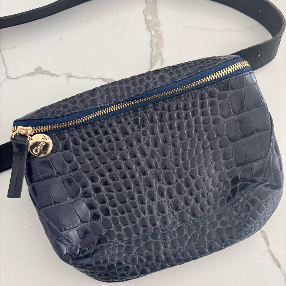 Clare V Navy Crocodile-Embossed Crossbody Bag